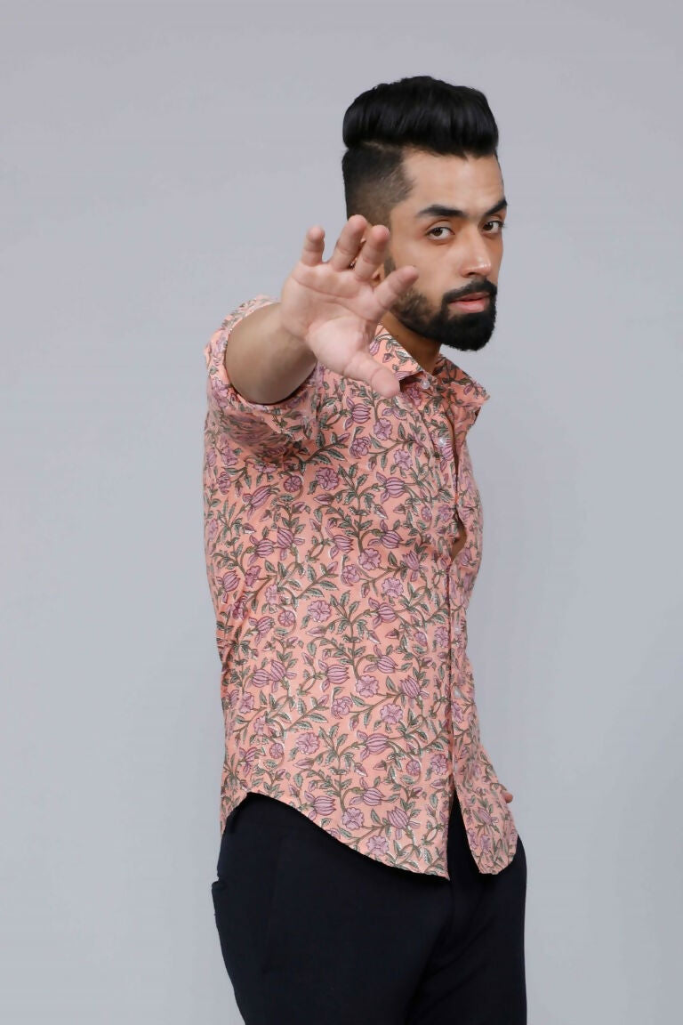 Miravan Men's Orange Printed Full Sleeve Cotton Shirt | Grocsy