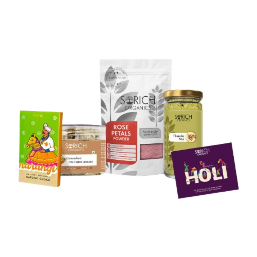 Sorich Organics Rose powder, Caramalised Cracker, Thandai Milk, Phool gulal & Holi card | Grocsy