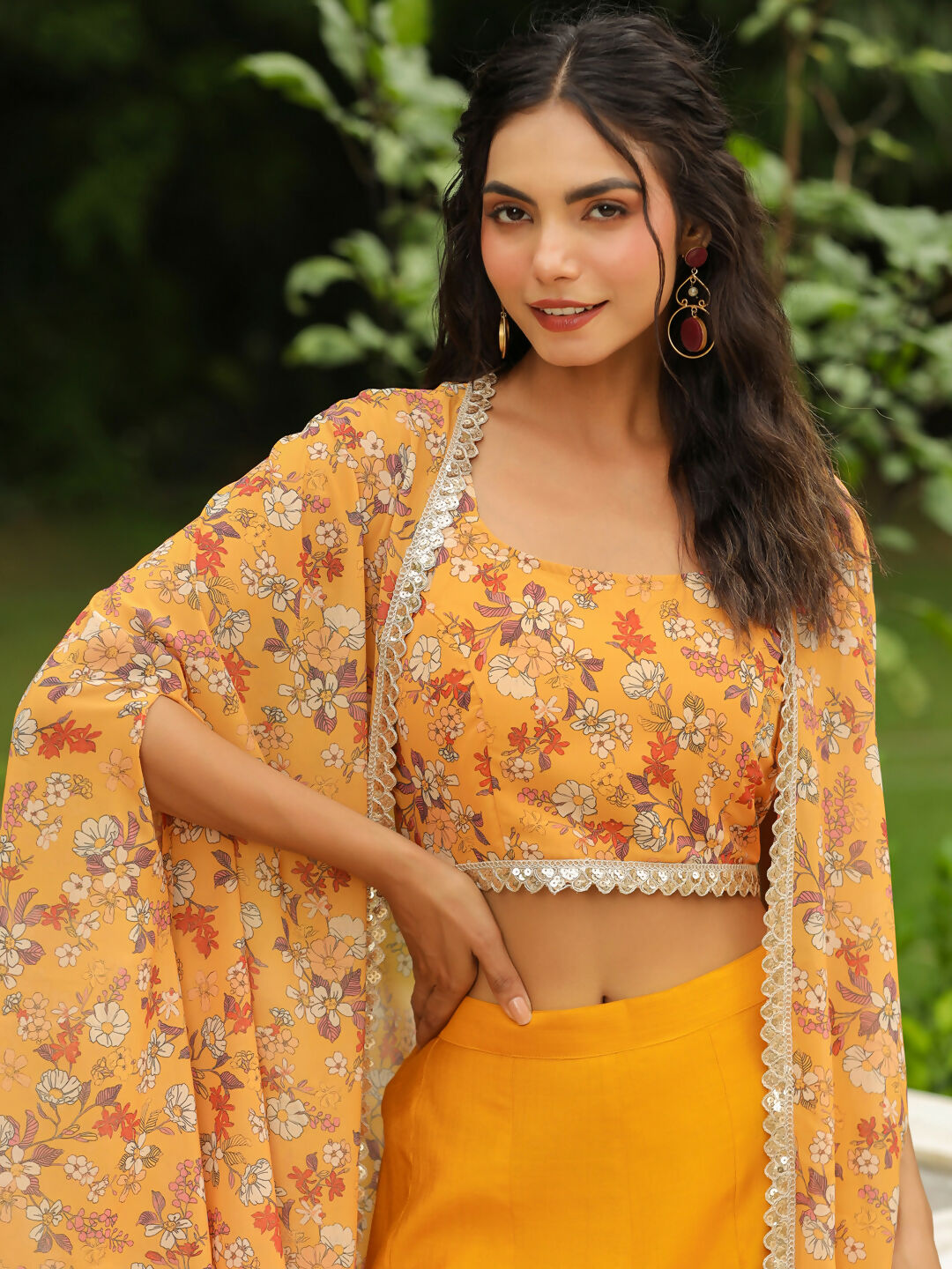 Janasya Mustard Georgette Floral Top Bottom Cape | Grocsy