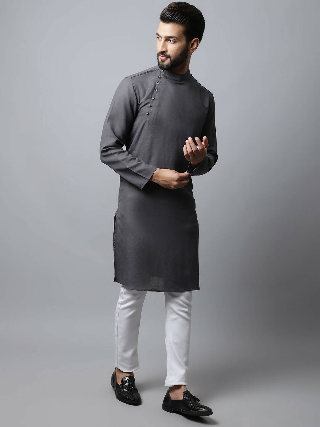 Even Apparels Grey Color Pure Cotton Men's Kurta With Side Placket (SLD1202) | Grocsy