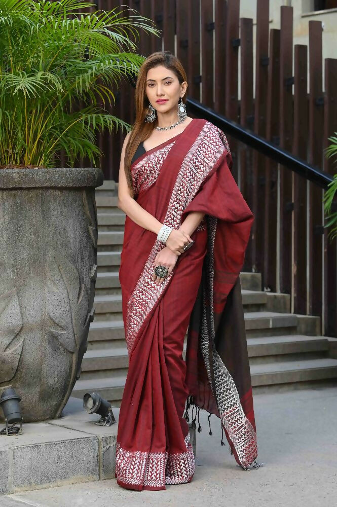Beatitude Red Cotton Jacqaurd Border Tangail Handloom Saree | Grocsy