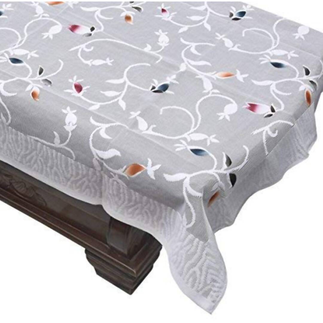 Yellow Weaves Polyester Floral Rectangular Designer Net Fabric Center 4 Seater Table Cover - White | Grocsy