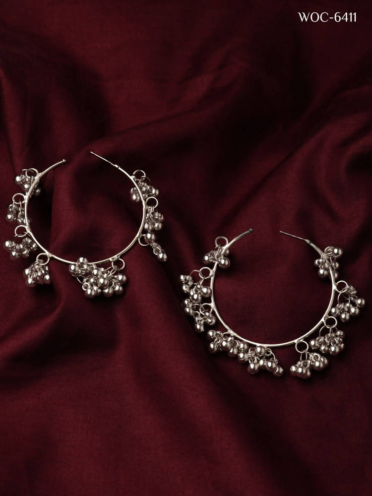 Mominos Fashion Johar Kamal Silver Parrot Hoops and Ghungroo Bali Combo Earrings | Grocsy
