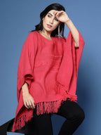 Women Fuchsia Acrylic Self Design Poncho - Wool Trees | Grocsy