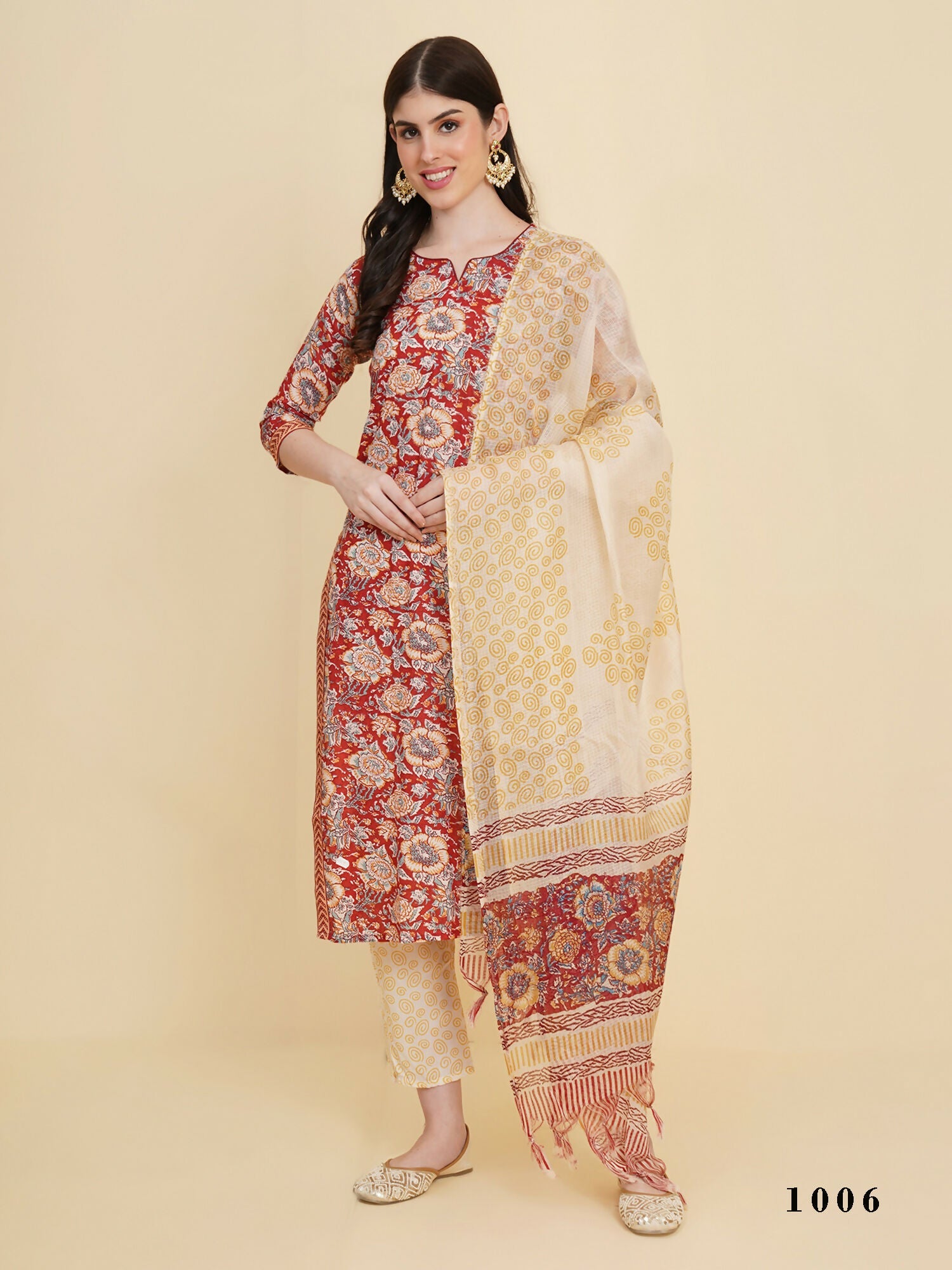 Designer Stylish red Cotton Stitched Suit With Dupatta - Tanisha | Grocsy