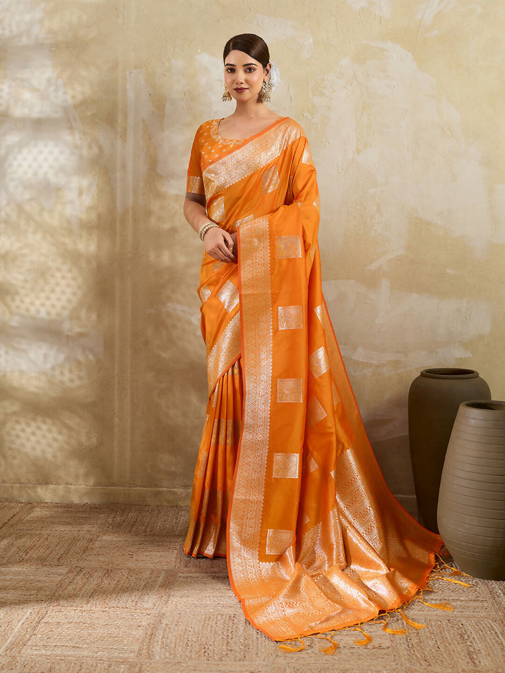 Shree Shyam Fashion Orange Silk Blend Saree | Grocsy