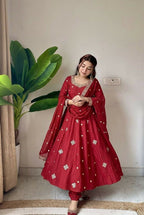 Teeya Creation New Trendy Elegant Red Embroidered Anarkali Suit with Dupatta | Grocsy