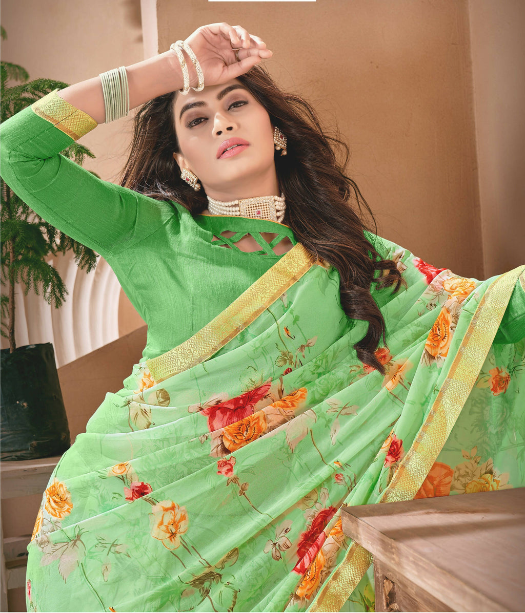 Green Georgette Floral Printed Saree With Unstitched Blouse Piece - Jyoti | Grocsy