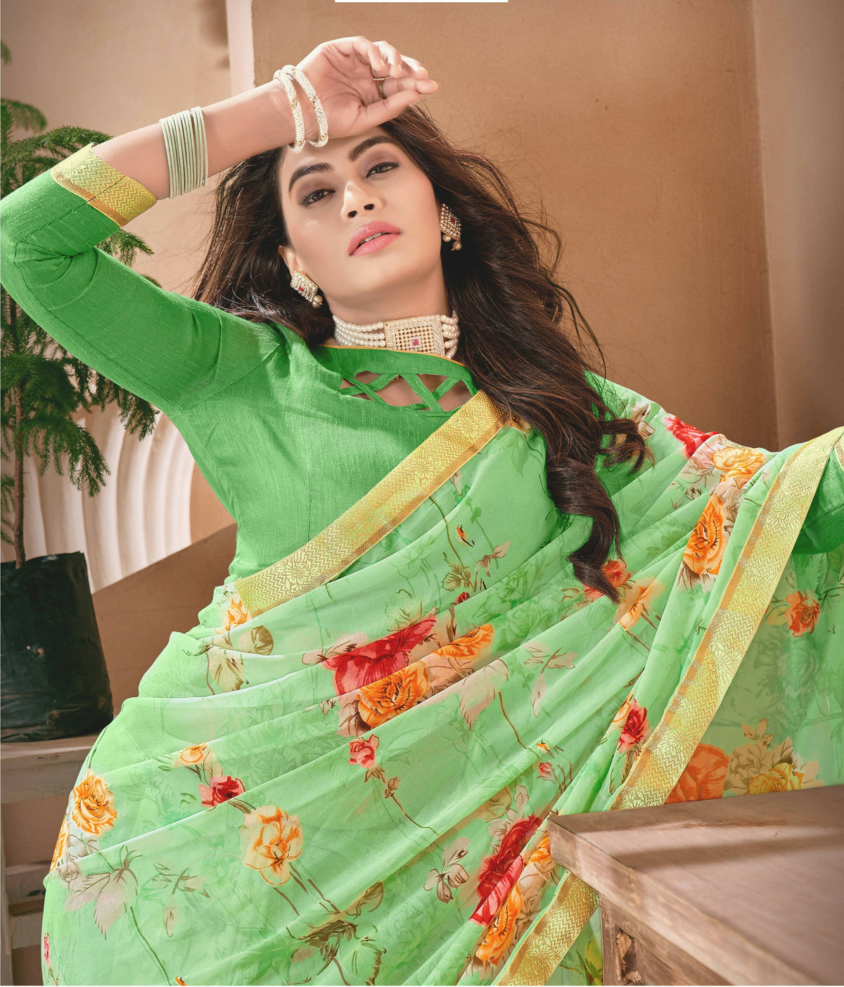Green Georgette Floral Printed Saree With Unstitched Blouse Piece - Jyoti | Grocsy