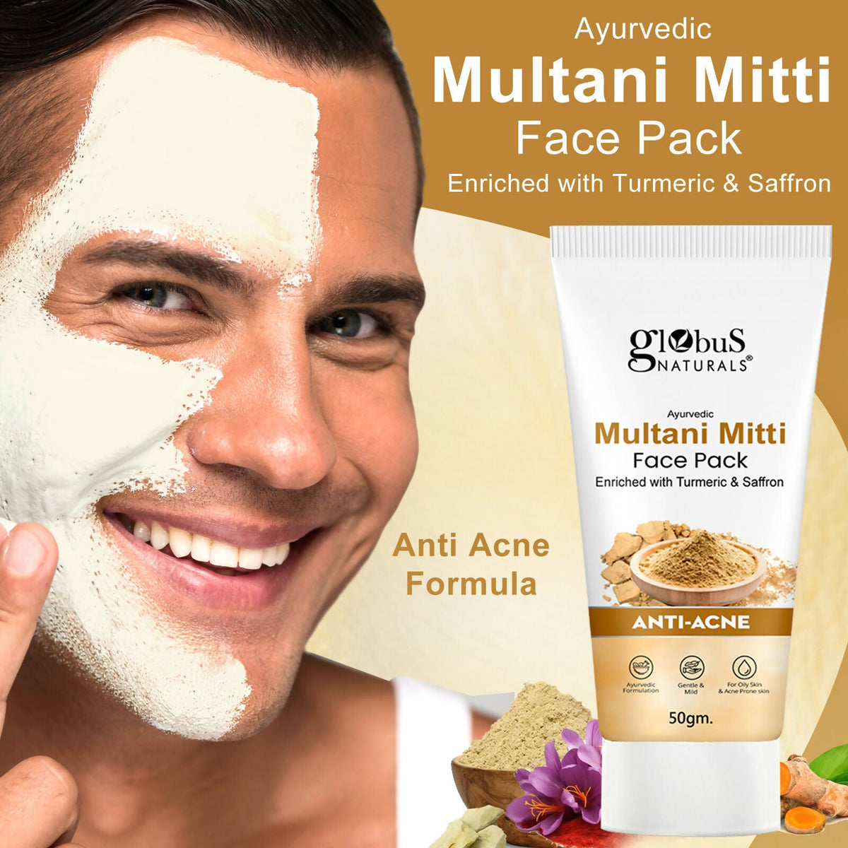 Globus Naturals Anti Acne Multani Mitti Face Pack, For Oily & Acne Prone Skin | Grocsy