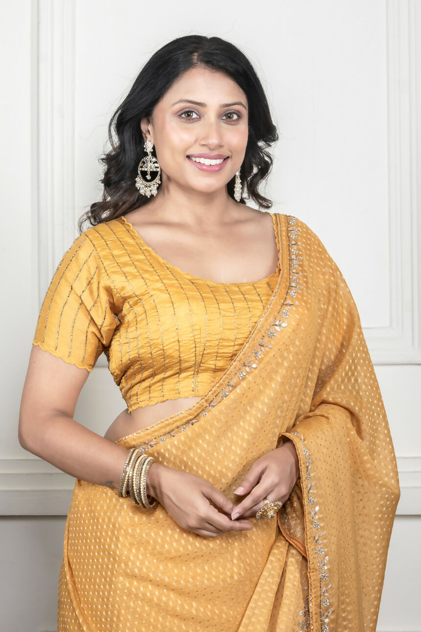 Morchari Yellow Pure Chiffon Hand Embroidery Saree And Stitched Blouse | Grocsy