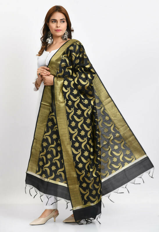Mominos Fashion Moeza Women's Banarsi Silk Floral Woven Design Black Dupatta | Grocsy