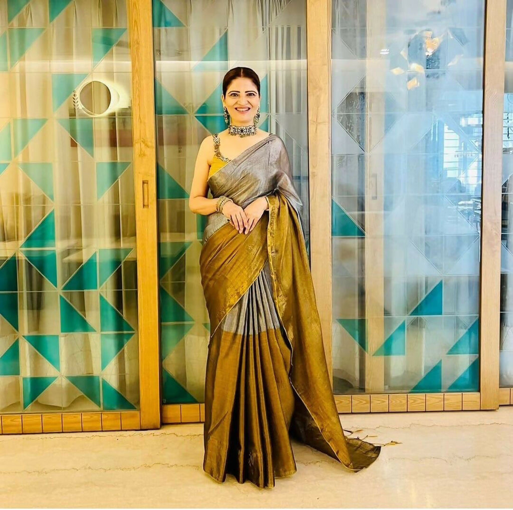 Exclusive Collection Beautiful Gray Copper Tissue Silk Hand Weaving Handloom Saree With Running Blouse Piece | Grocsy