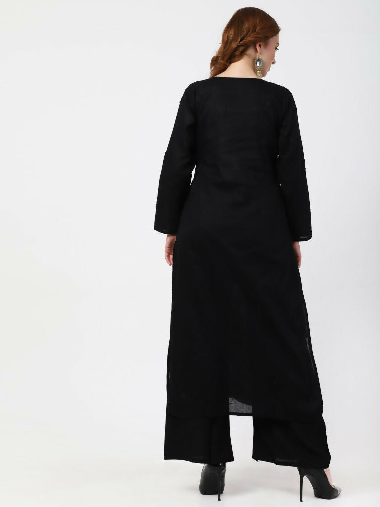 Cheera Women Stylish Hand Chikenkari Cotton Kurta With Palazzo - Black | Grocsy