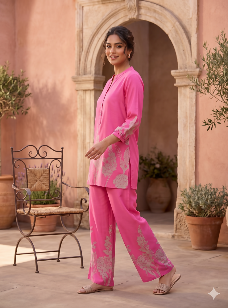 Teeya Creation Stylish Pink Casual Co-ord Set with Floral Print | Grocsy