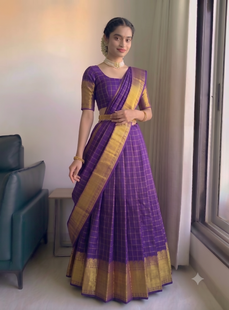 Teeya Creation Royal Purple Checkered Silk Lehenga Choli with Rich Gold Zari Border | Grocsy