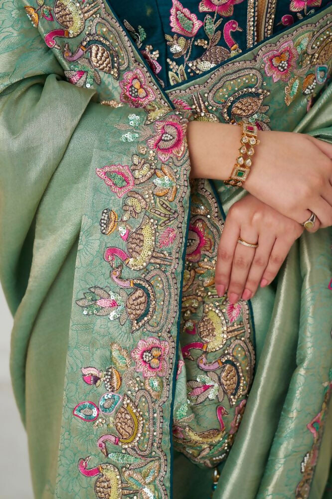 Kesar Fab Trending Reception Green Color With Multi-Thread Embroidery Saree | Grocsy