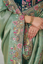 Kesar Fab Trending Reception Green Color With Multi-Thread Embroidery Saree | Grocsy