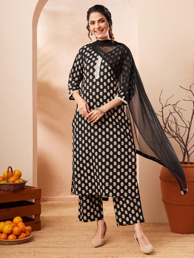 Janasya Black Straight Cotton Kurta,Bottom & Dupatta | Grocsy