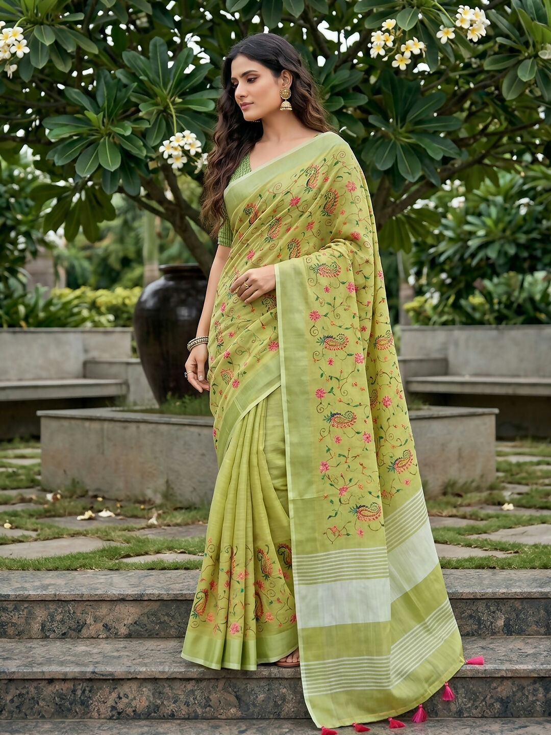 Shree Shyam Fashion Yellow Green Linen Saree | Grocsy