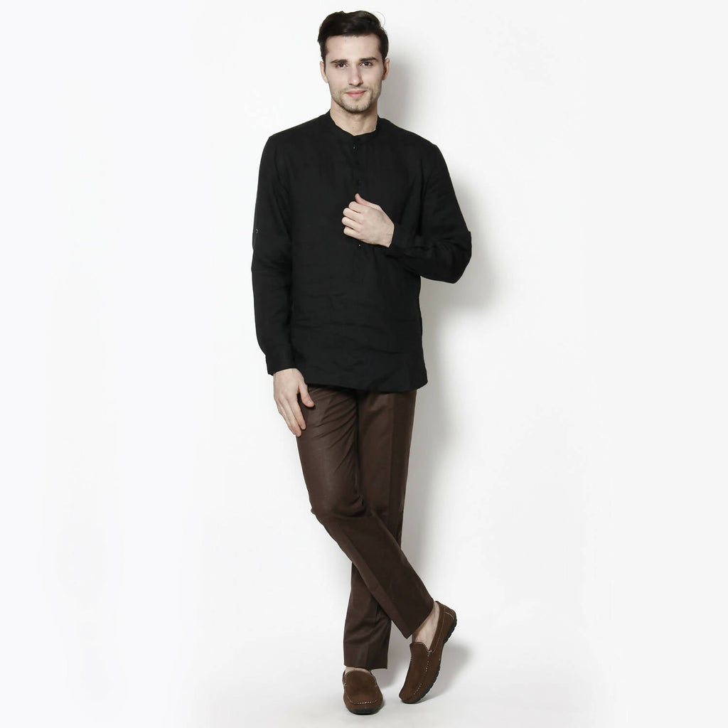 Even Apparels Black Linen Linen Men's Kurta With Band Collar | Grocsy