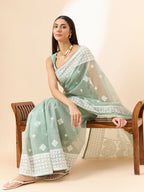 Green Organza Geometric Embroidered Saree with Unstitched Blouse Piece - Roozal | Grocsy
