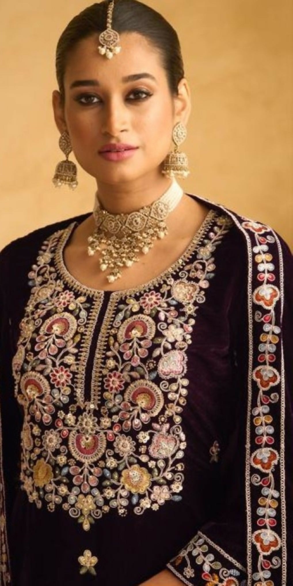 Anaita Dark Maroon Embroidered with Beads Velvet Stitched Plazo Suit | Grocsy