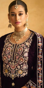 Anaita Dark Maroon Embroidered with Beads Velvet Stitched Plazo Suit | Grocsy