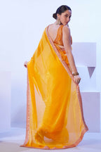 Yellow Satin Jimmy Choo Solid Designer & Lace Work Saree - Samaa | Grocsy