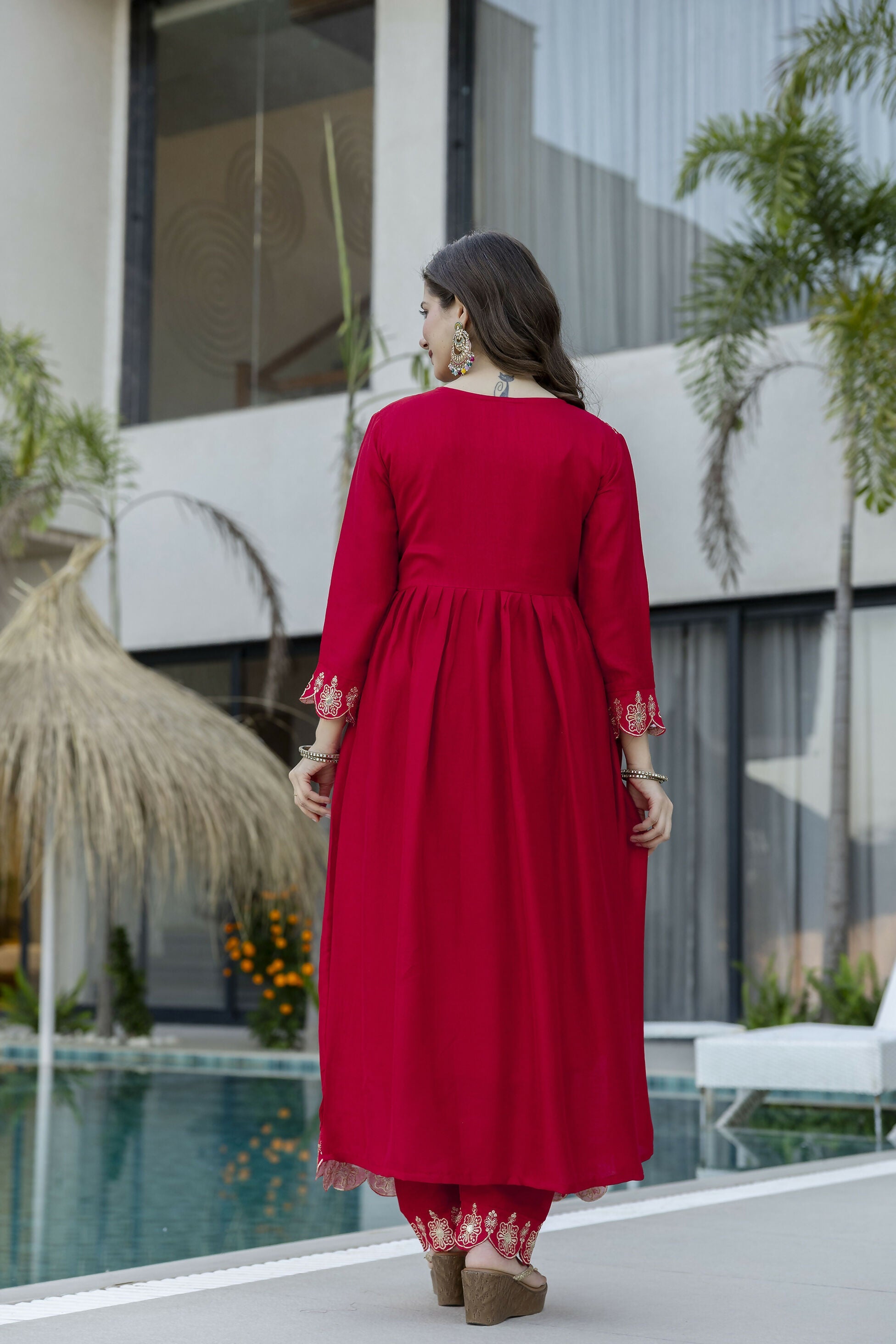 The52 Women's Beautiful Vichitra Silk Fabric Embroidery Work Flared Anarkali Pant and Dupatta Set | Grocsy