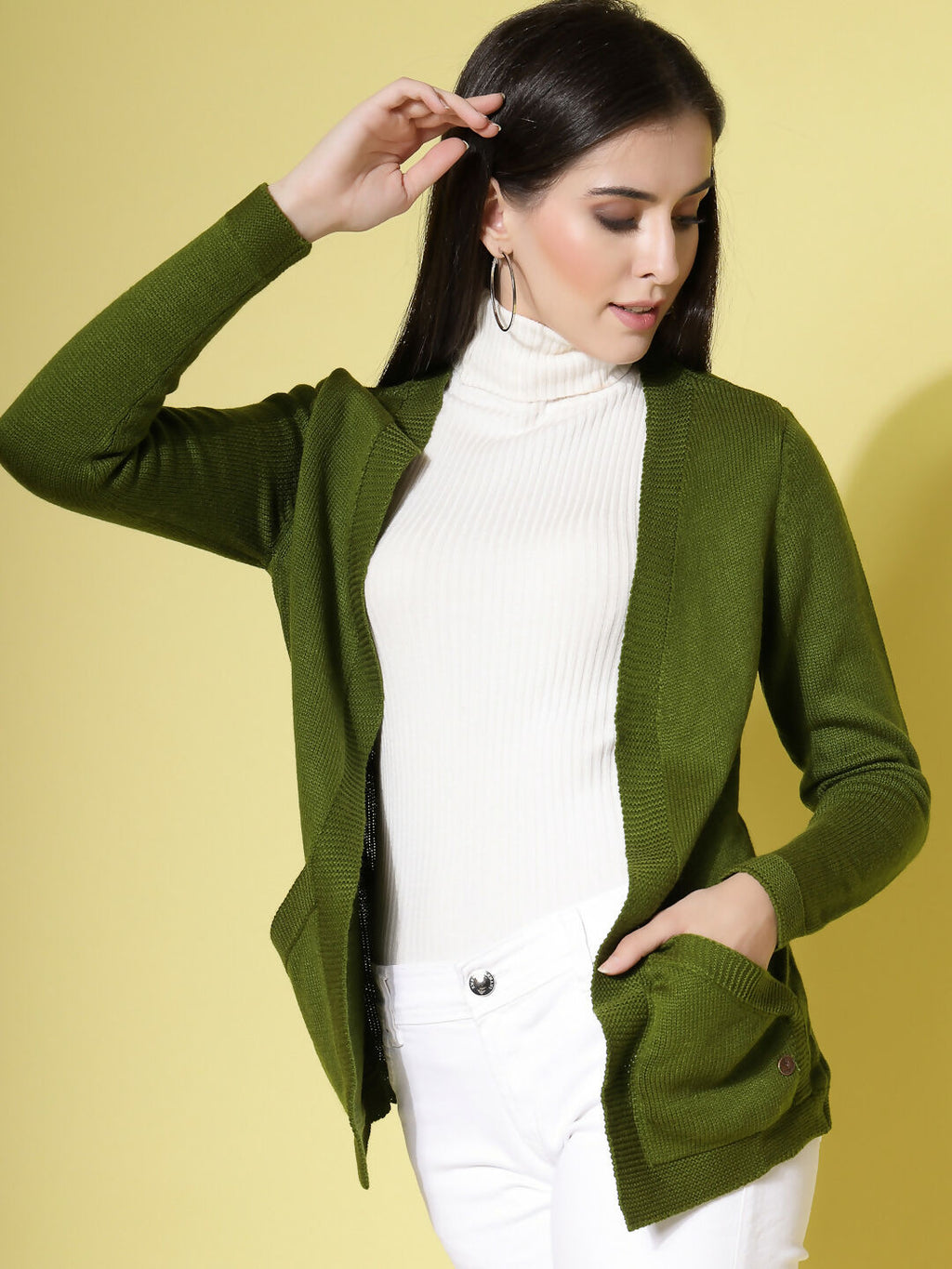 Women Olive Acrylic Solid Cardigan - Wool Trees | Grocsy