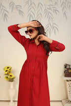 Jyoti Fashion Women's Red Rinkal Cotton Plain with Side Pocket Kurtis & Sets | Grocsy