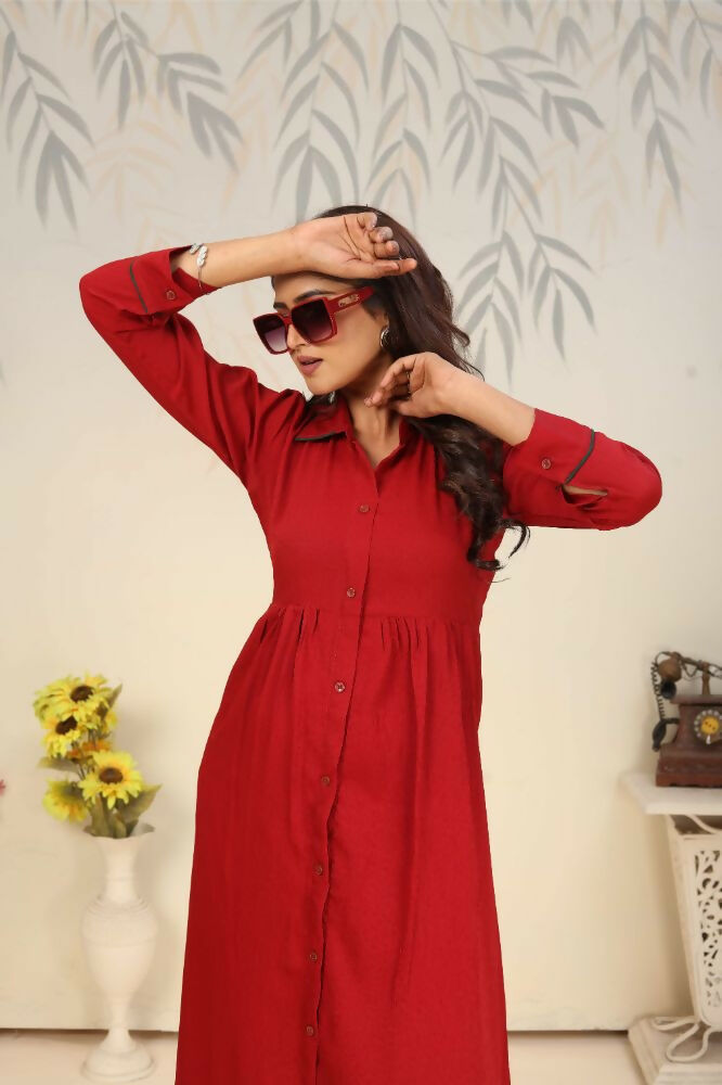 Jyoti Fashion Women's Red Rinkal Cotton Plain with Side Pocket Kurtis & Sets | Grocsy