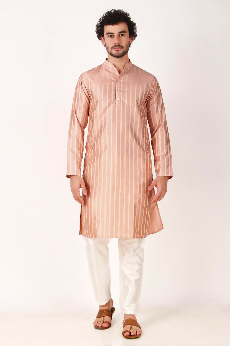 Pink Art Silk Woven Designer Men's Rajwadi Kurta Set - Mahotsav | Grocsy