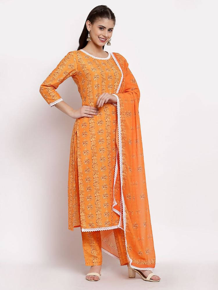 Myshka Women's Orange Cotton Printed 3/4 Sleeve Round Neck Casual Kurta Pant Dupatta Set | Grocsy