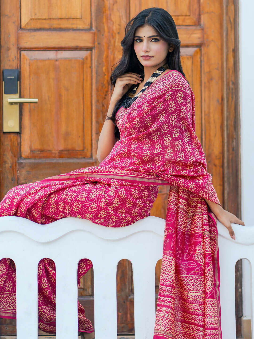 Zibaa Hand-Blocked Pure Chanderi Silk Pink Saree | Grocsy