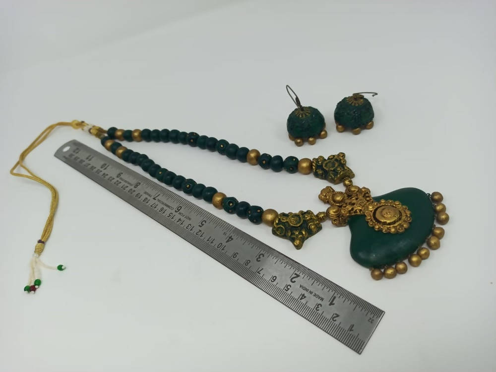 Terracotta Dark Green Crown Pendant Long Necklace Set Paired with Hanging Temple Jhumkas | Grocsy