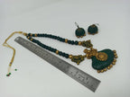 Terracotta Dark Green Crown Pendant Long Necklace Set Paired with Hanging Temple Jhumkas | Grocsy