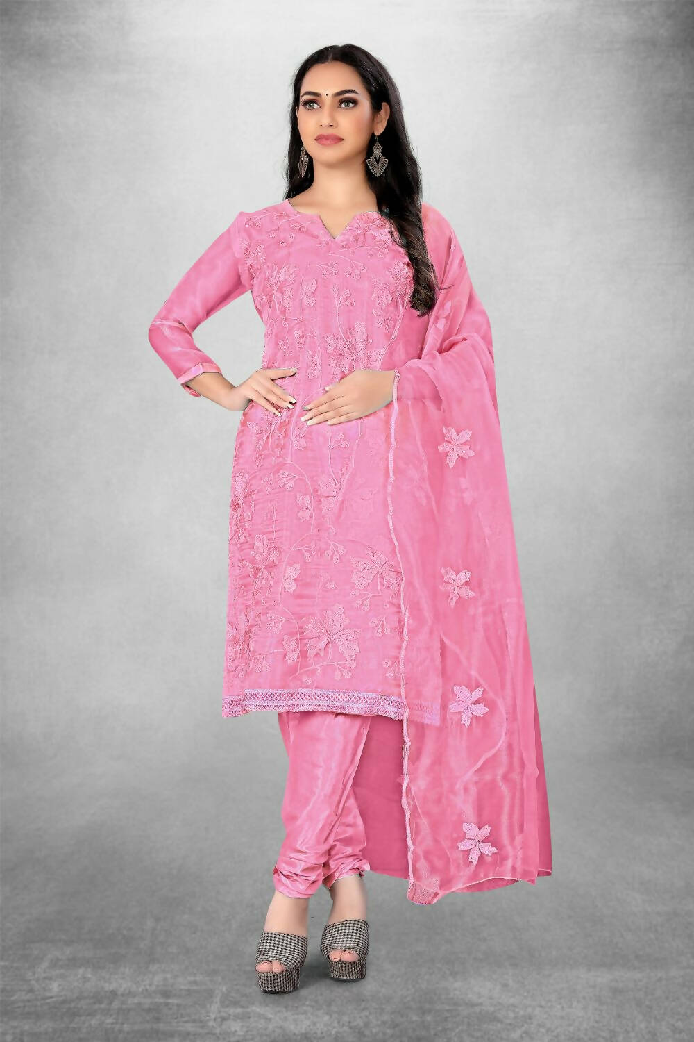 Pink Heavy Organza Silk Embroidered Unstitched Dress Material - Amara | Grocsy