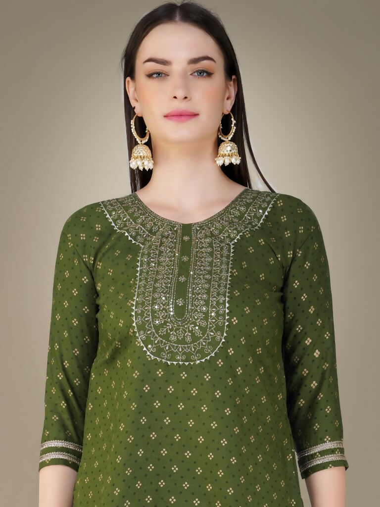 Jyoti Fashion Women's Mehendi Cotton Magic Slub Embroidery & Sequence work Kurta with Trouser & Dupatta | Grocsy