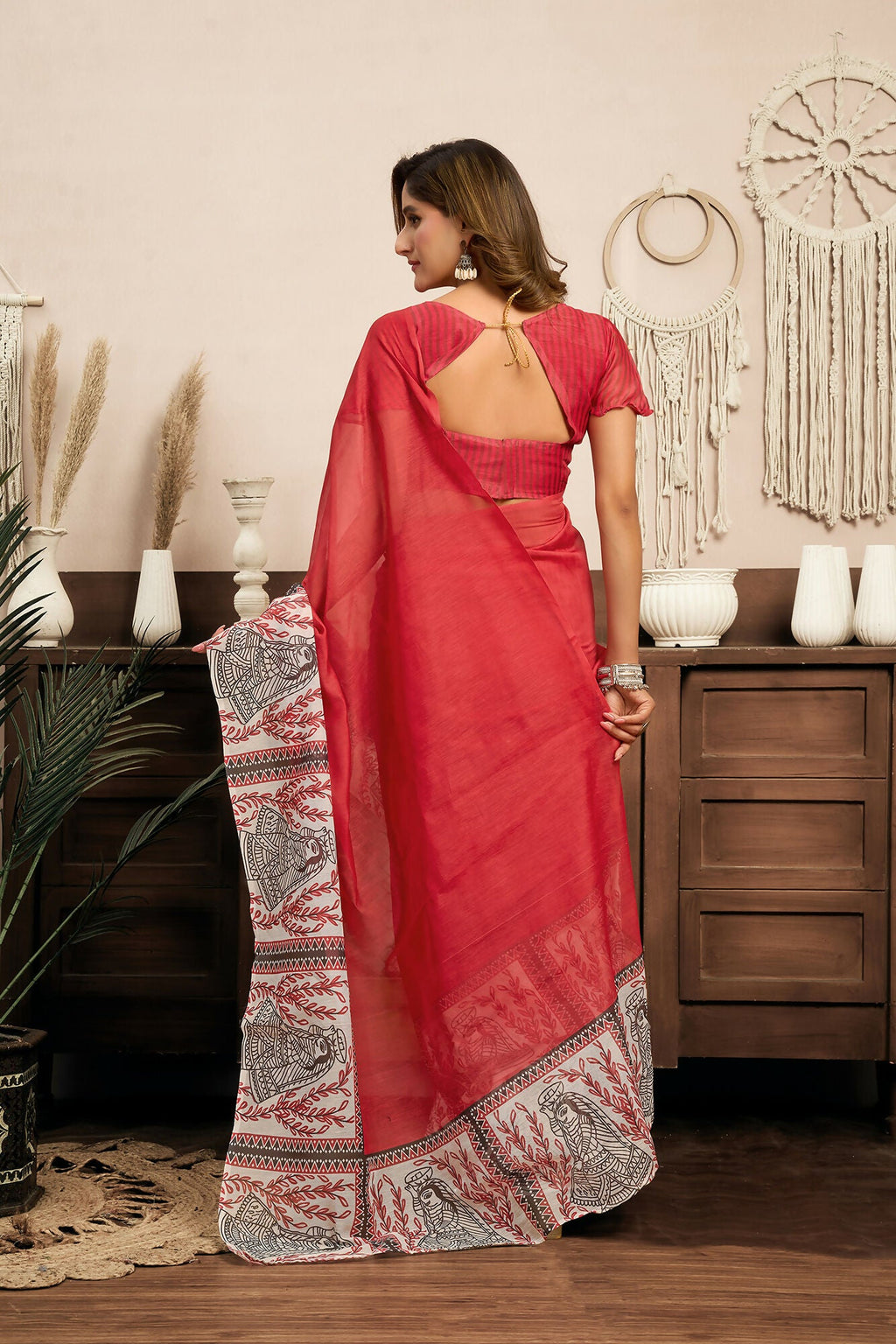 Vastranavya Red Digital Printed Linen Ready To Wear Designer Saree with Unstitched Blouse | Grocsy