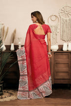 Vastranavya Red Digital Printed Linen Ready To Wear Designer Saree with Unstitched Blouse | Grocsy