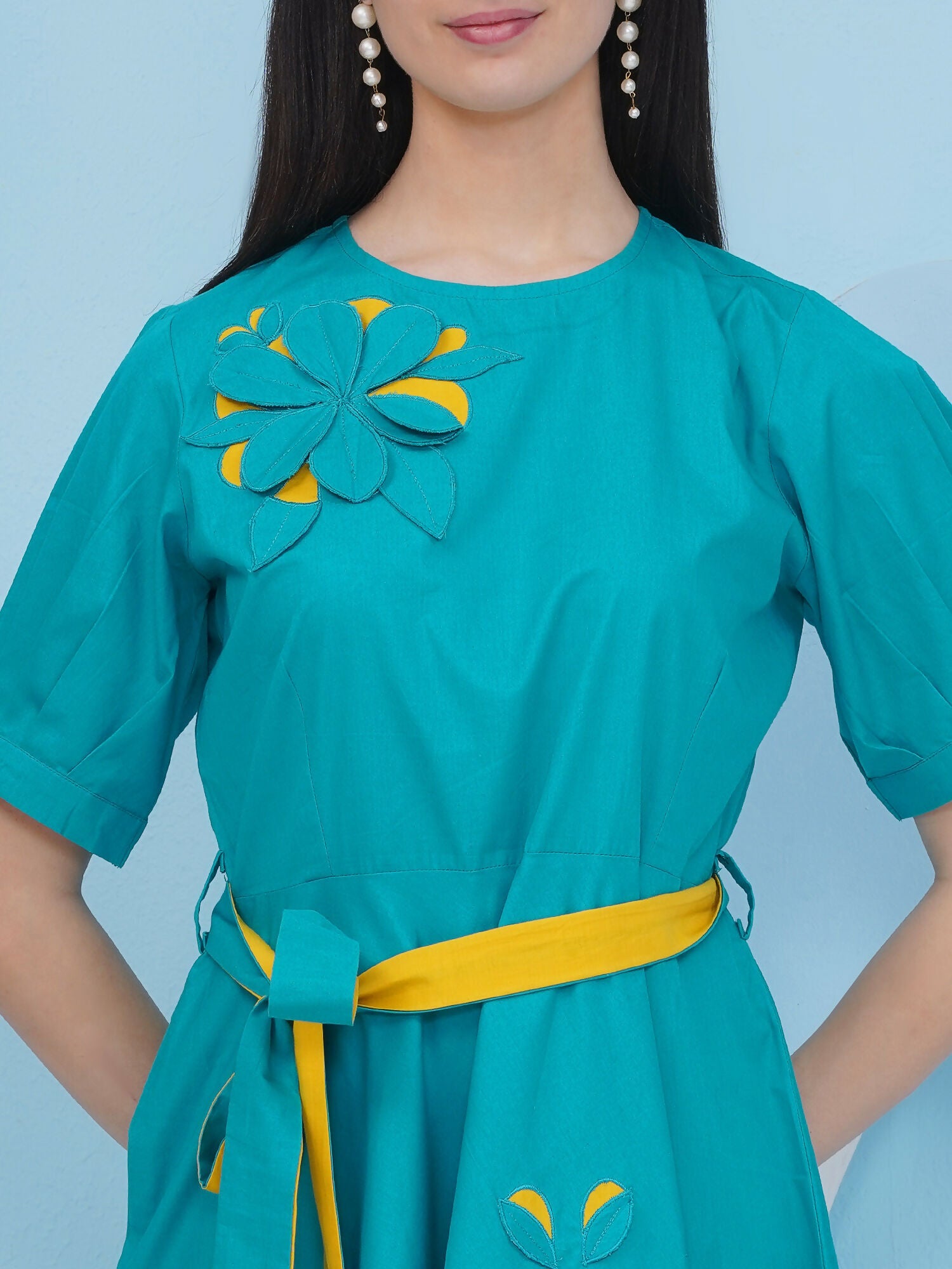 Joban Fashion Teal Blue Dress with Belt | Grocsy