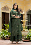 Kaajh Women's Green Gold Printed Cotton Kurta Sharara With Dupatta Set | Grocsy