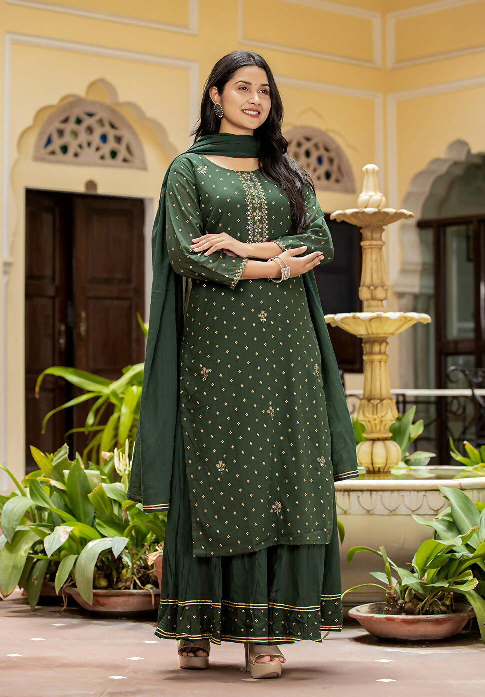 Kaajh Women's Green Gold Printed Cotton Kurta Sharara With Dupatta Set | Grocsy
