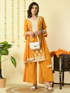 Myshka Women's Mustard Georgette Kurta & Palazzos With Dupatta Party Sets | Grocsy