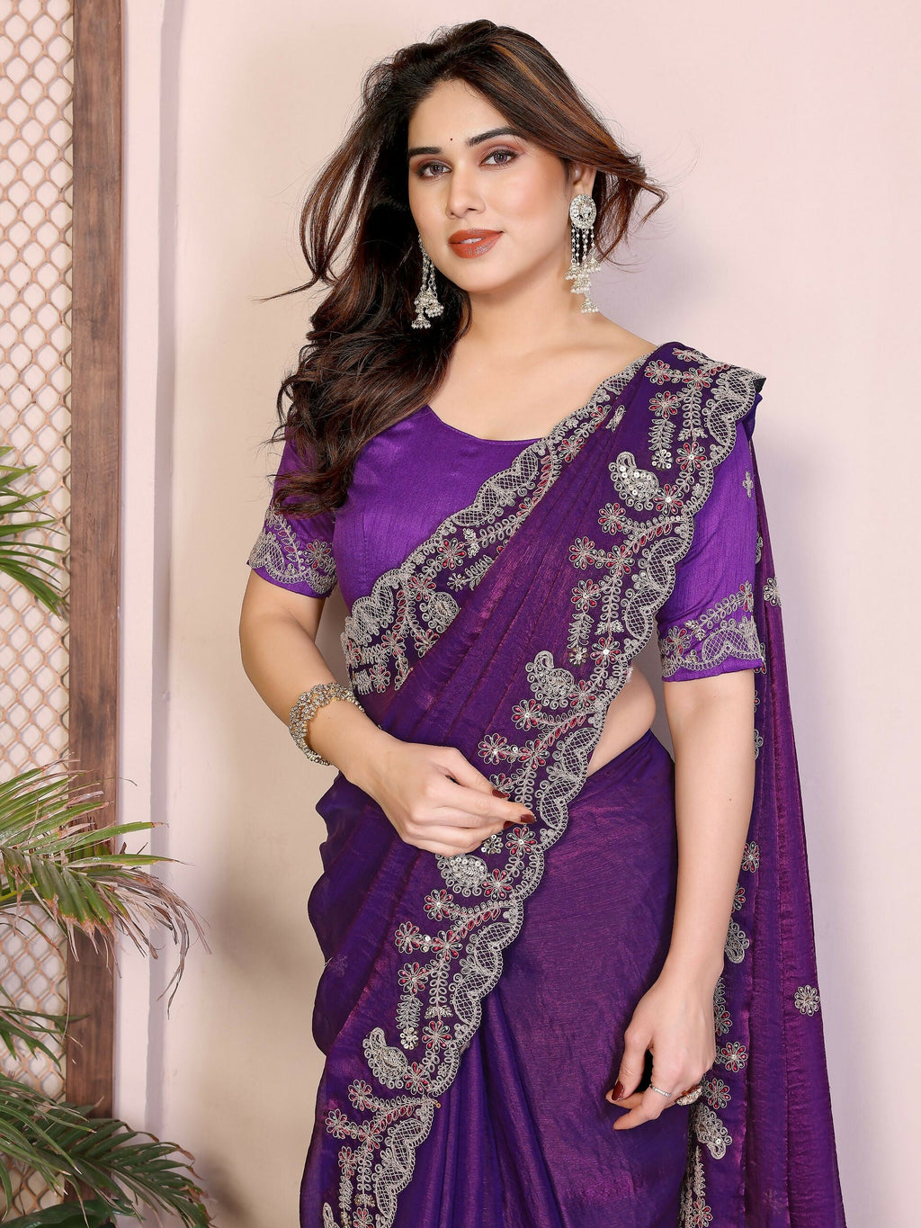Teeya Creation New Womens Latest Party Wear Soft Chiffon Silk Saree-Purple | Grocsy