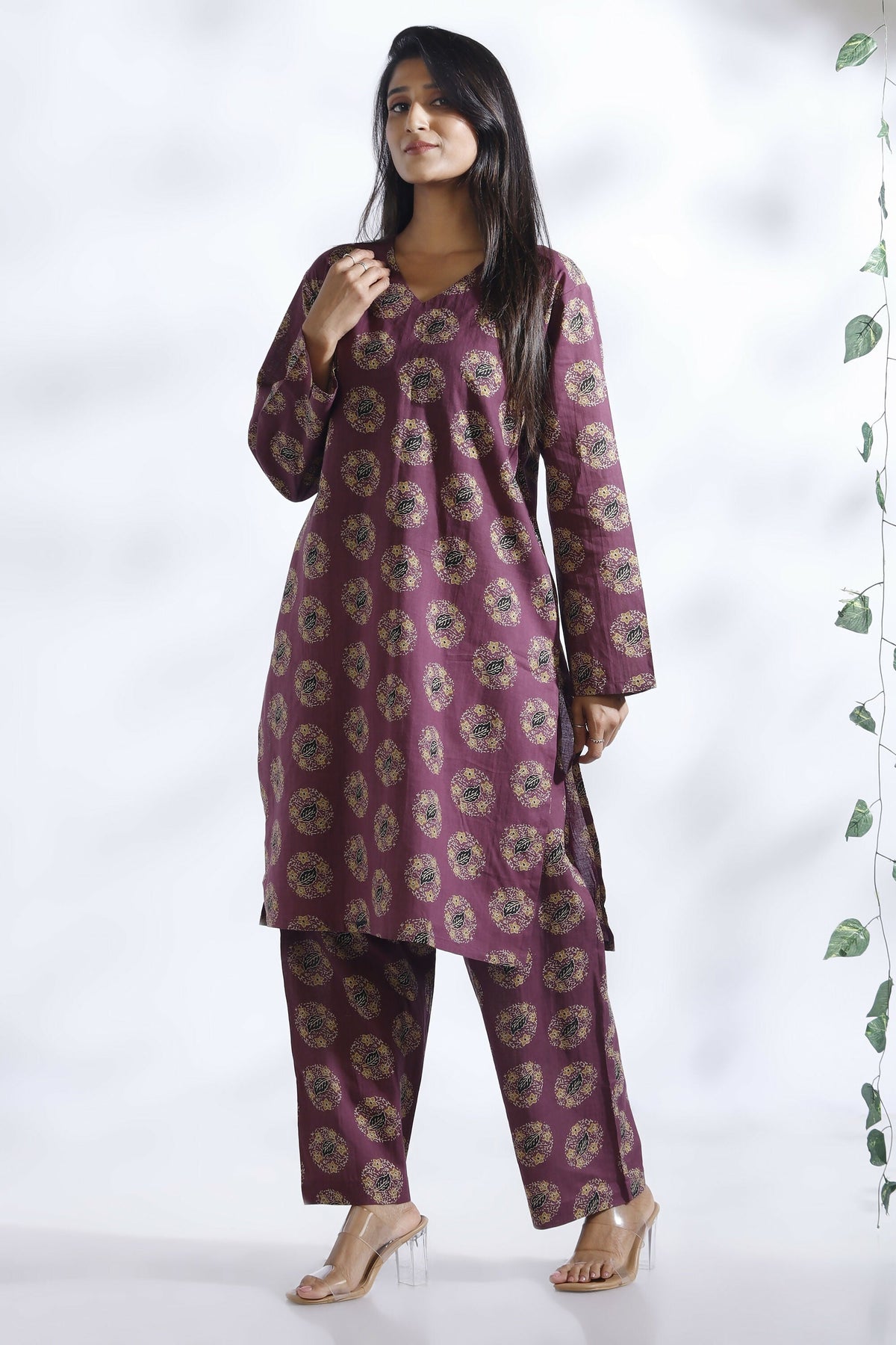 Breathables Wine Butta Print Cotton Kurta & Pants Set | Grocsy