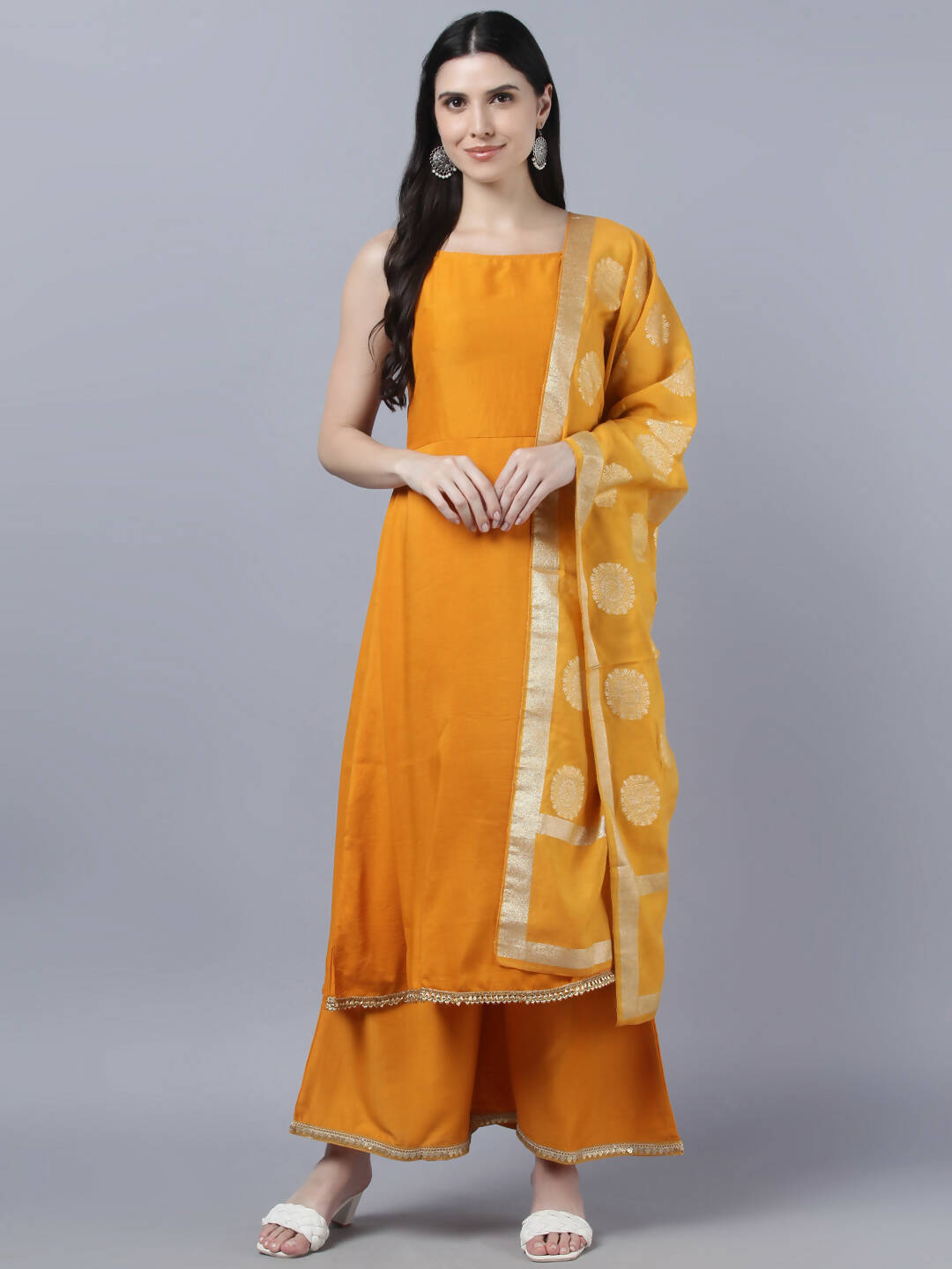 Myshka Women Yellow Panelled Kurta with Palazzos With Dupatta | Grocsy