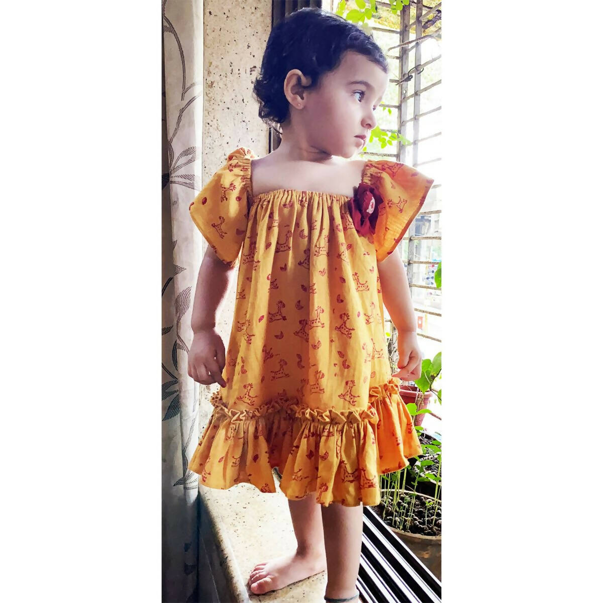 Mhyssa Half Frill Sleeves Square Neck Yellow Block Printed Frock | Grocsy
